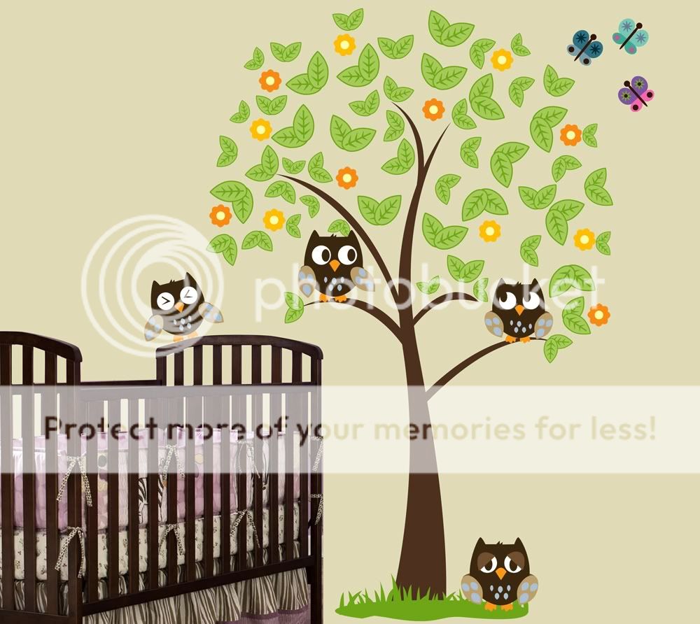 FT BIG Tree with 4 OWLS, Butterflies and Grass Wall Decal Sticker 